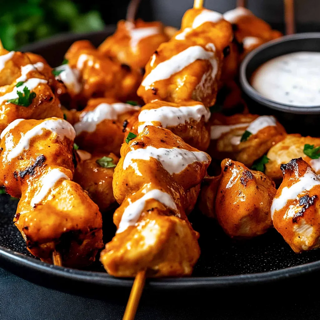 A plate of chicken skewers with sauce.
