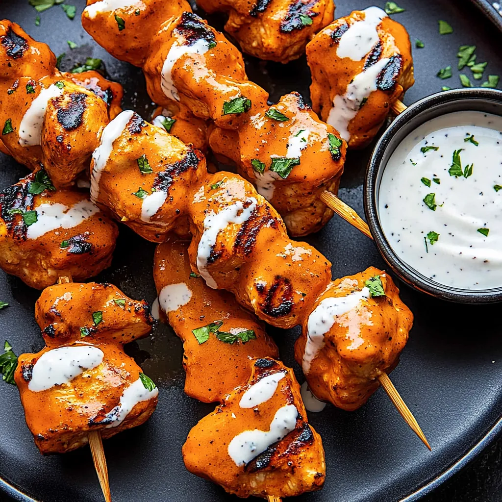 A plate of marinated chicken skewers.