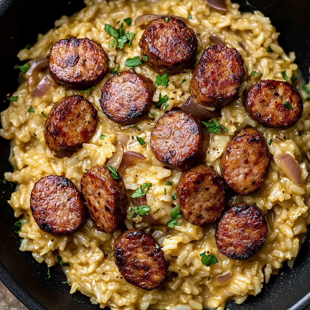 A bowl of rice with sausage and onions.