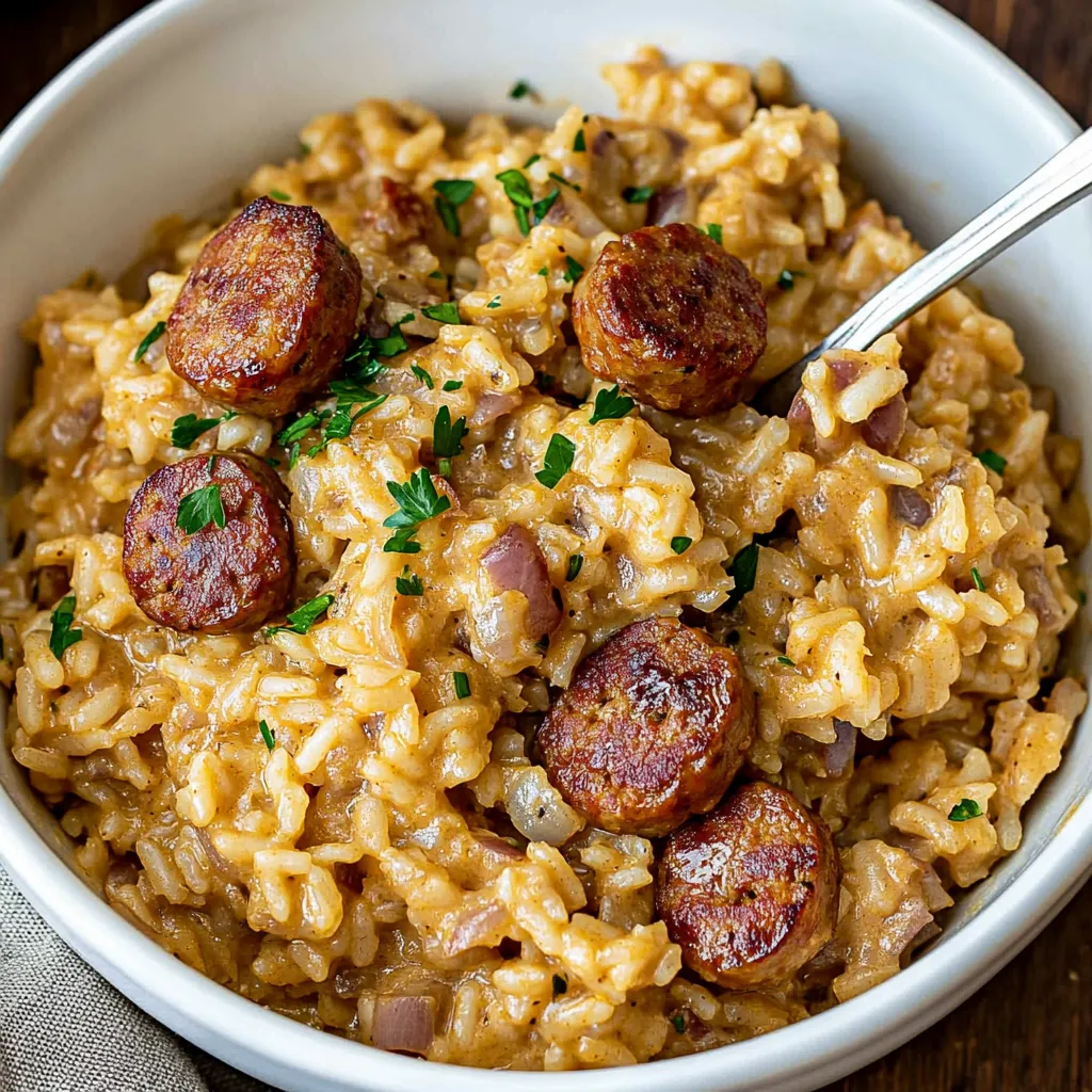 A bowl of rice with sausage and onions.