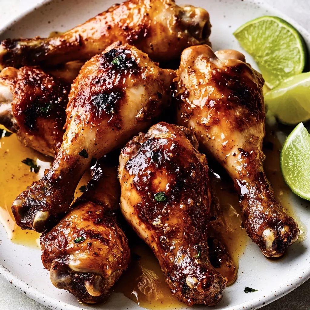 A plate of chicken with lime wedges.