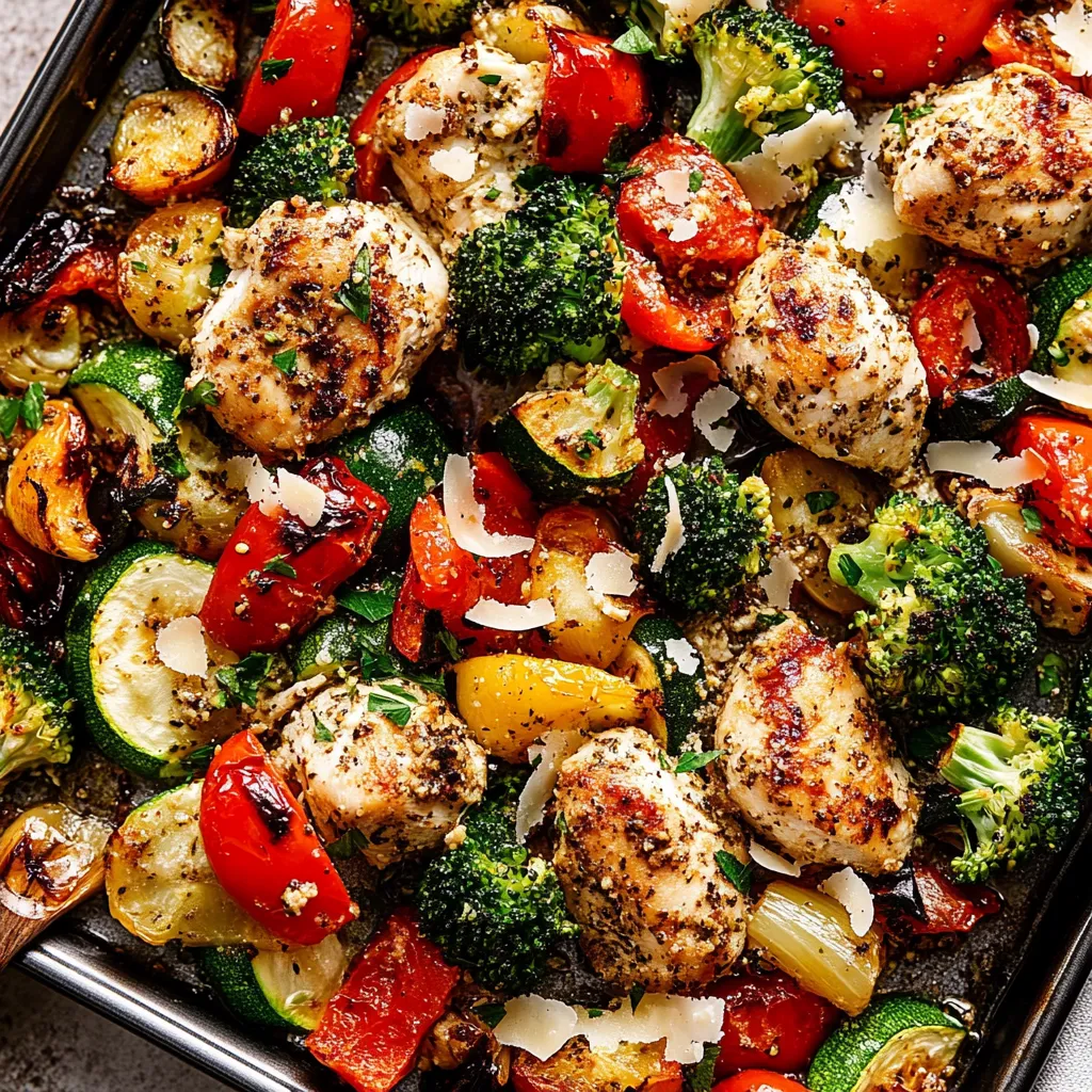A pan of chicken, broccoli, and tomatoes.