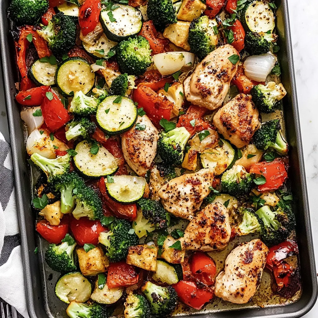A pan of food with broccoli, tomatoes, and chicken.
