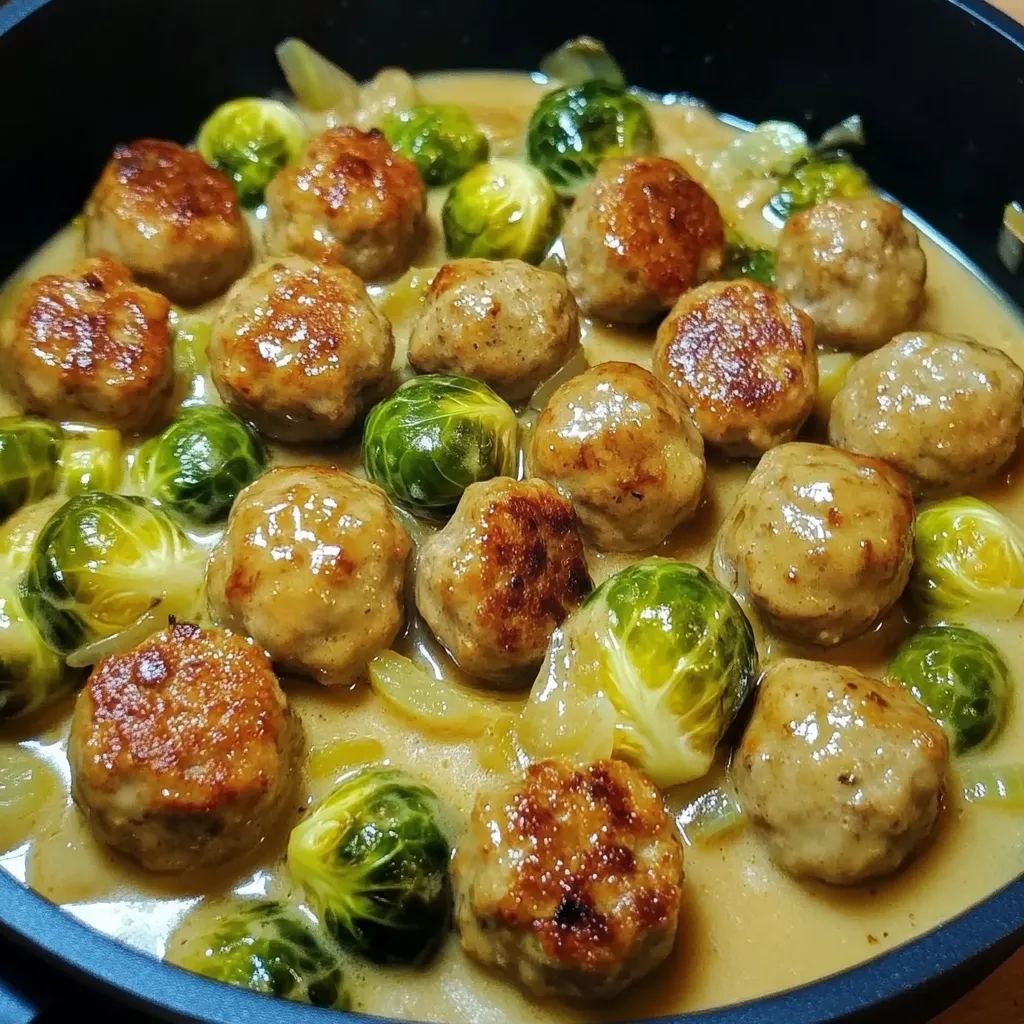 A Brussels sprout stew with meatballs in a creamy sauce.