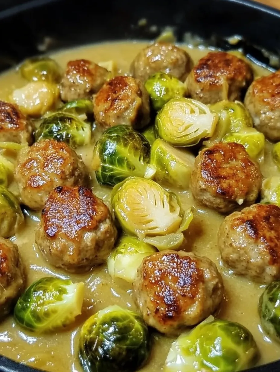 A photo of Brussels sprout stew with meatballs covered in a creamy sauce.