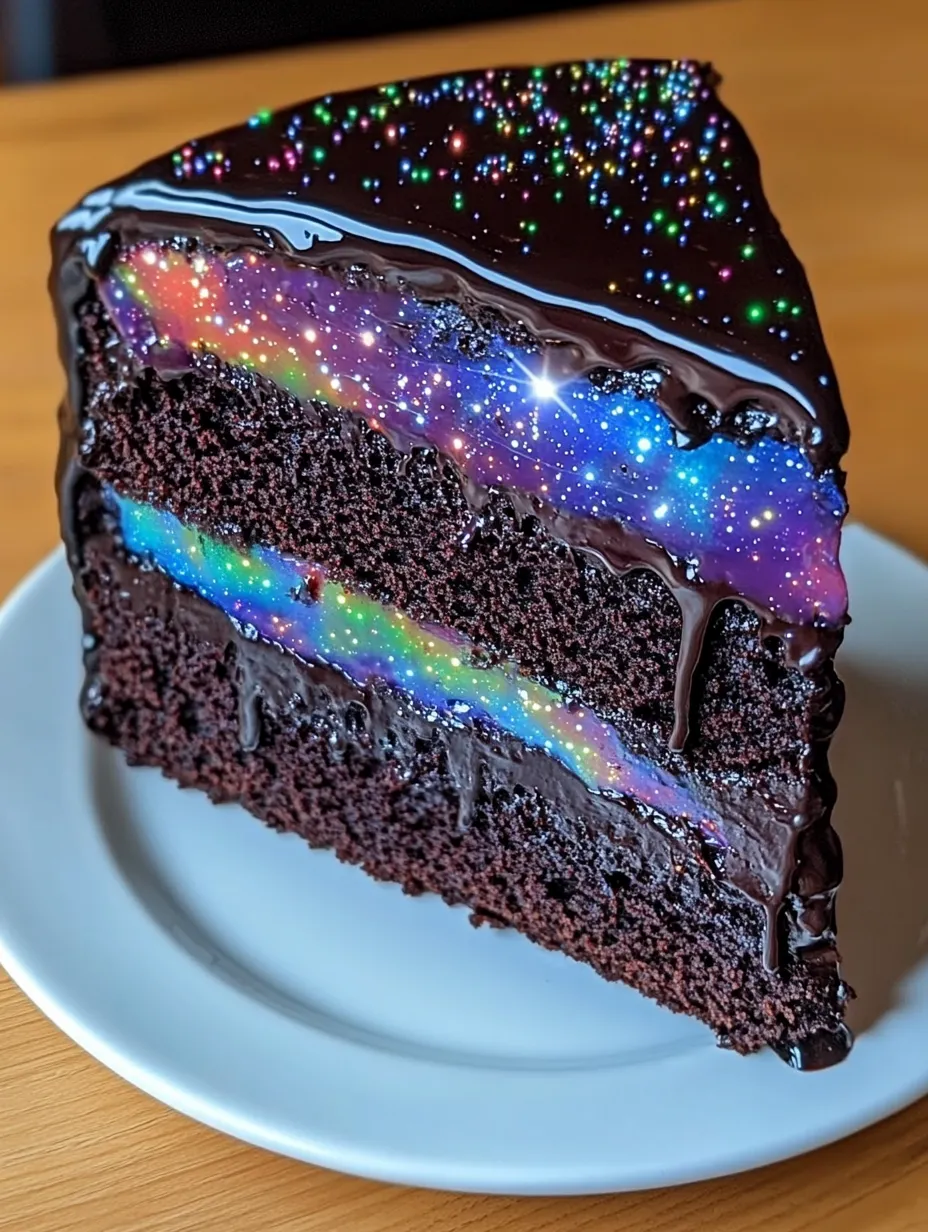 A chocolate cake topped with cream cheese and a chocolate mirror glaze sits on a white plate.
