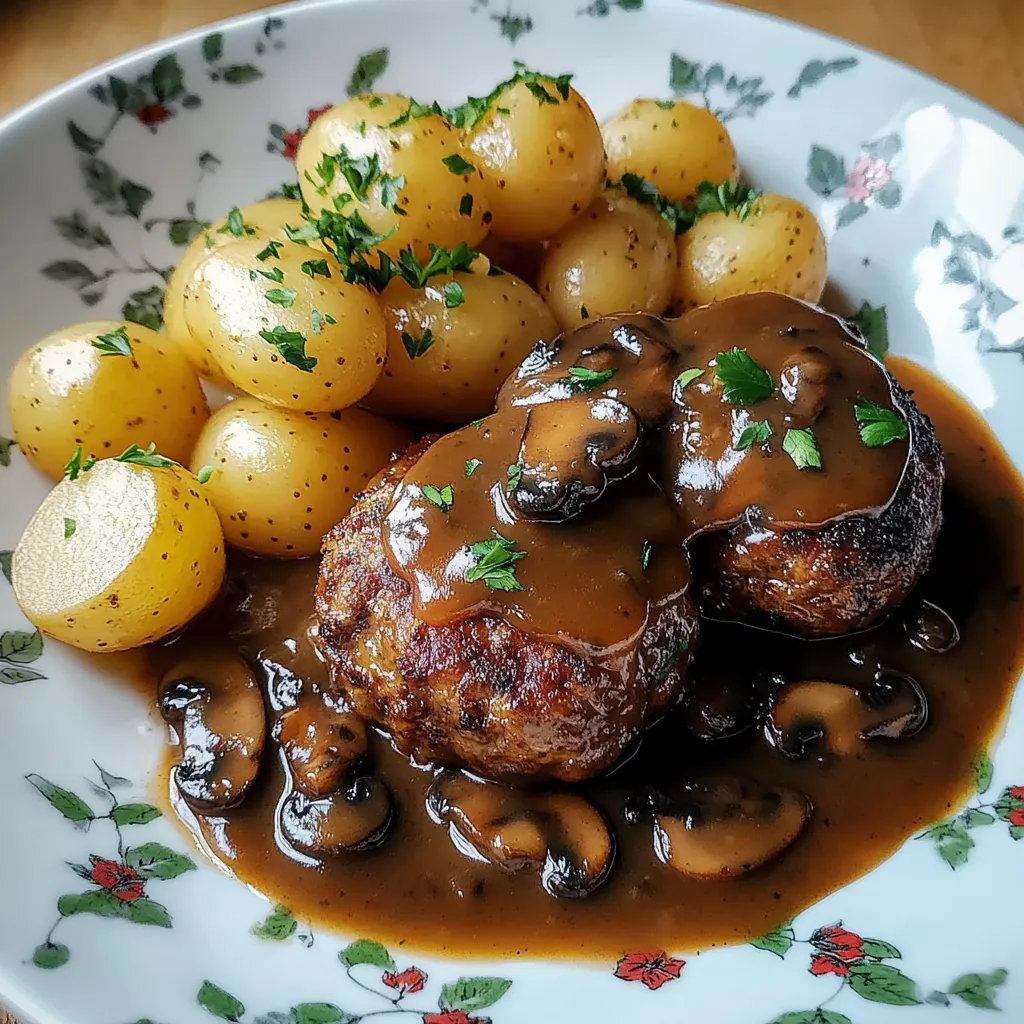 A white plate holding a mix of meat, potatoes, and mushrooms.