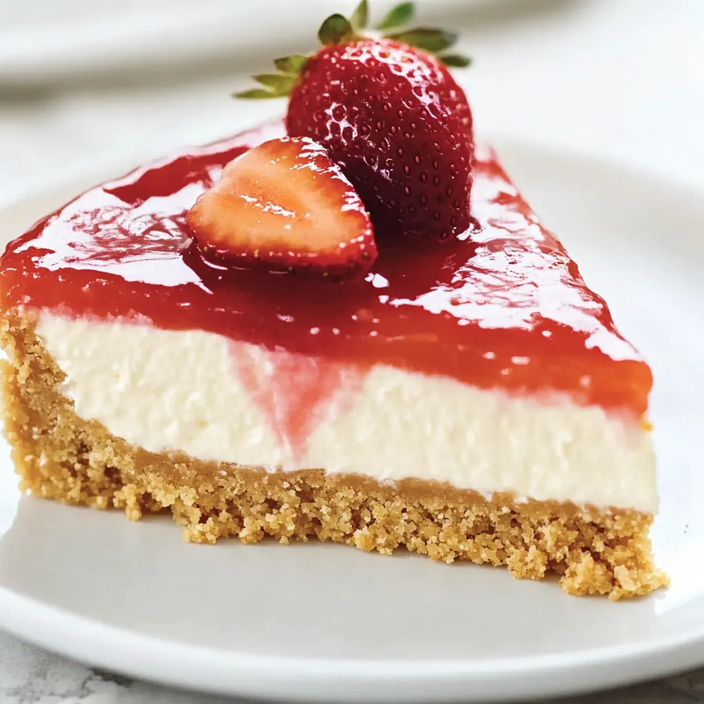 Strawberry sauce over a creamy slice on a white plate.