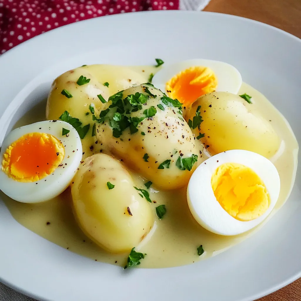 White plate with eggs and potatoes.