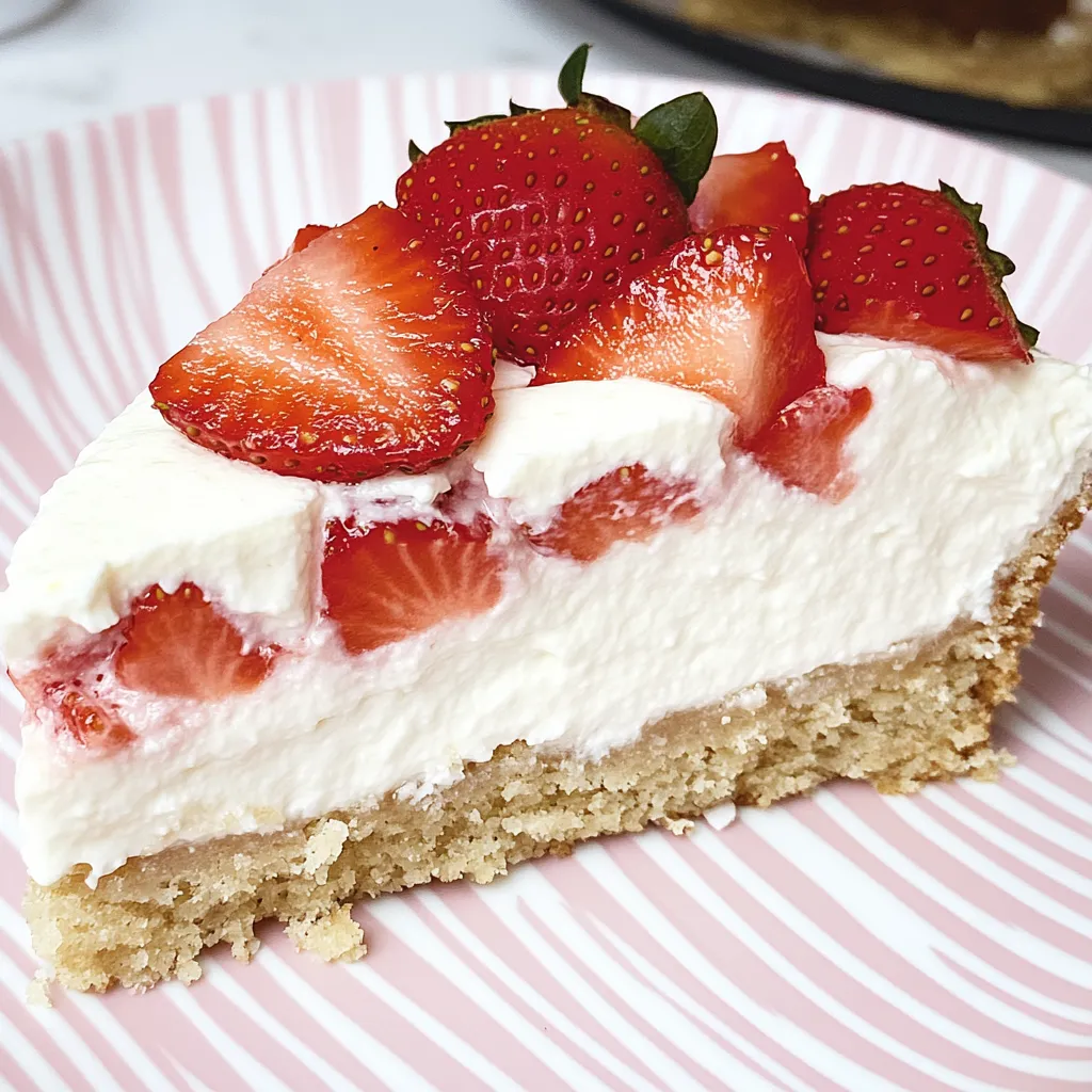 A layer of strawberry cake with strawberries and vanilla cream on a pink stripe plate.