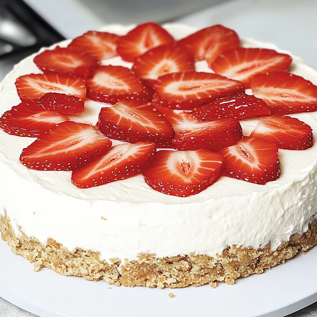 A strawberry cake with strawberries on a white plate.