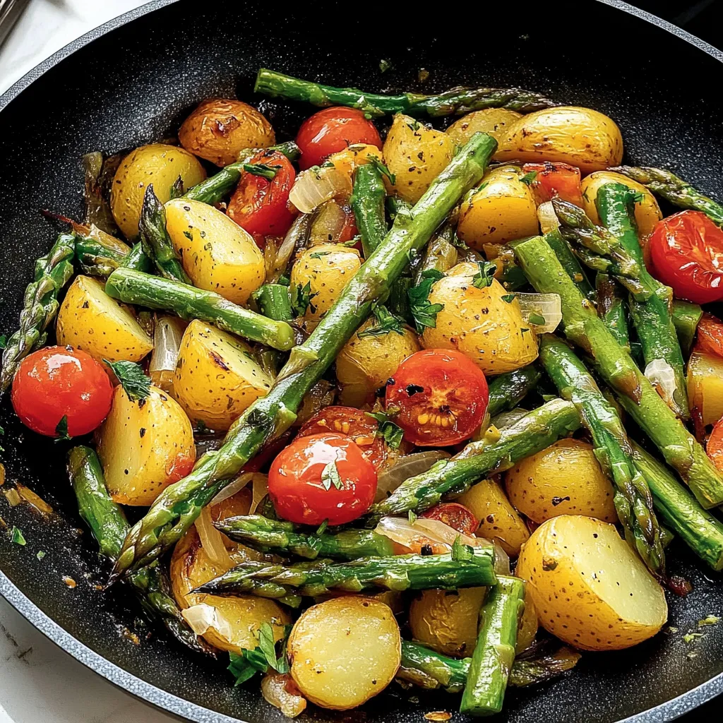 A small black pot filled with a mix of veggies like tomatoes, asparagus, bell peppers, and onions.