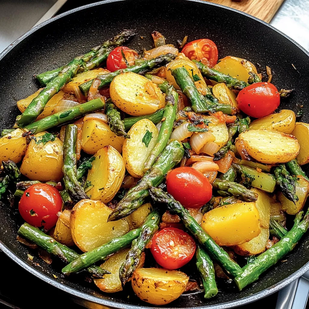 Black pot stuffed with potato chunks, tomatoes, onion, and crisp green asparagus.