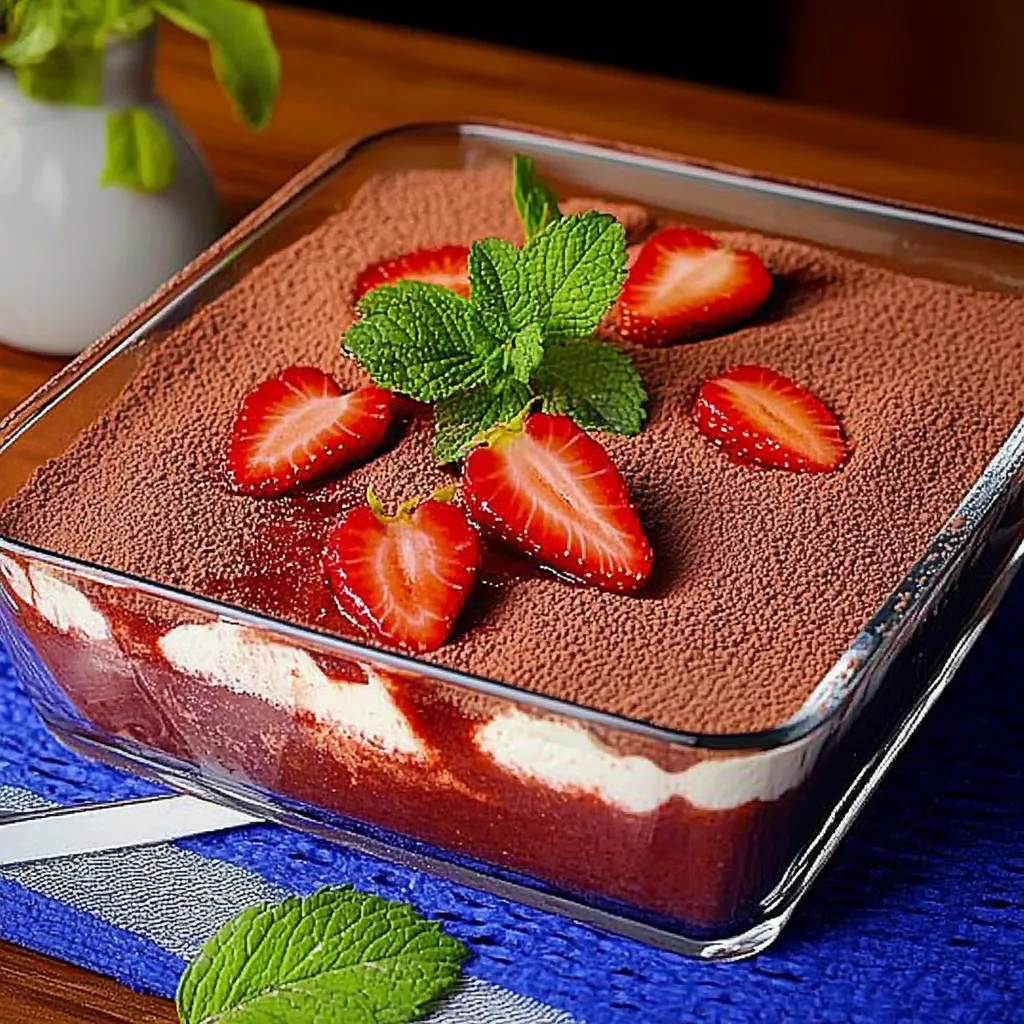 A cup with chocolate glaze, topped with strawberries and mint leaves.
