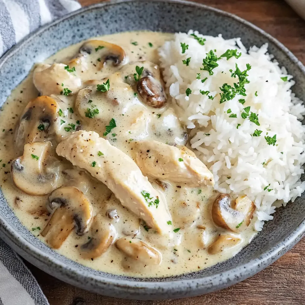 A bowl with rice and mushrooms.