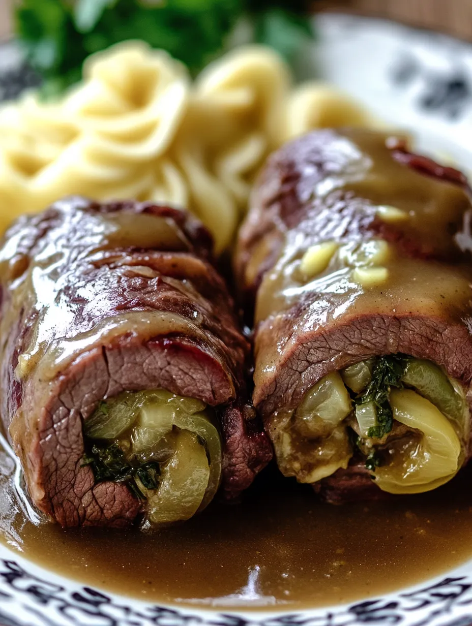 Two seared beef rolls with gravy on a plate.