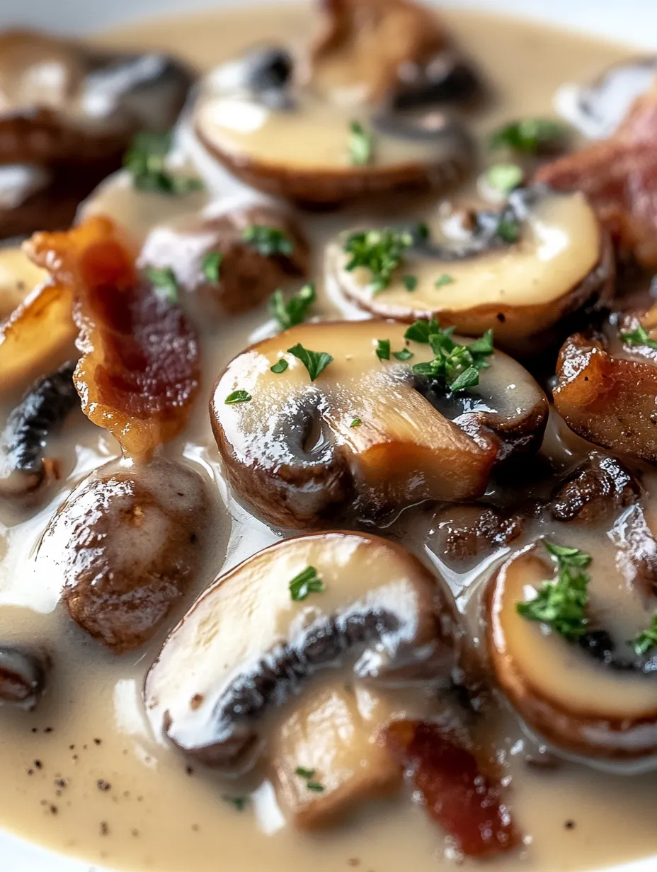 A bowl filled with mushrooms and bacon.