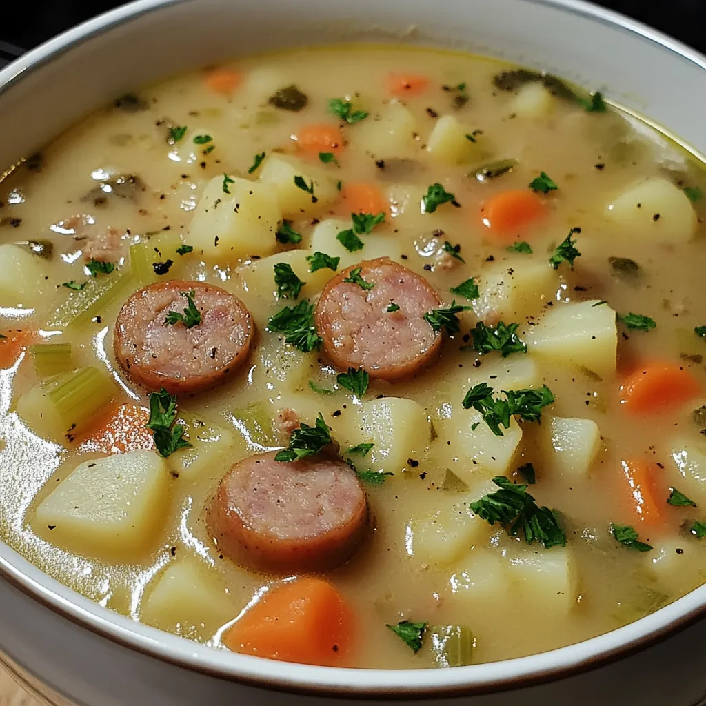 A white mug filled with a blend of potatoes, veggies, and sausage.