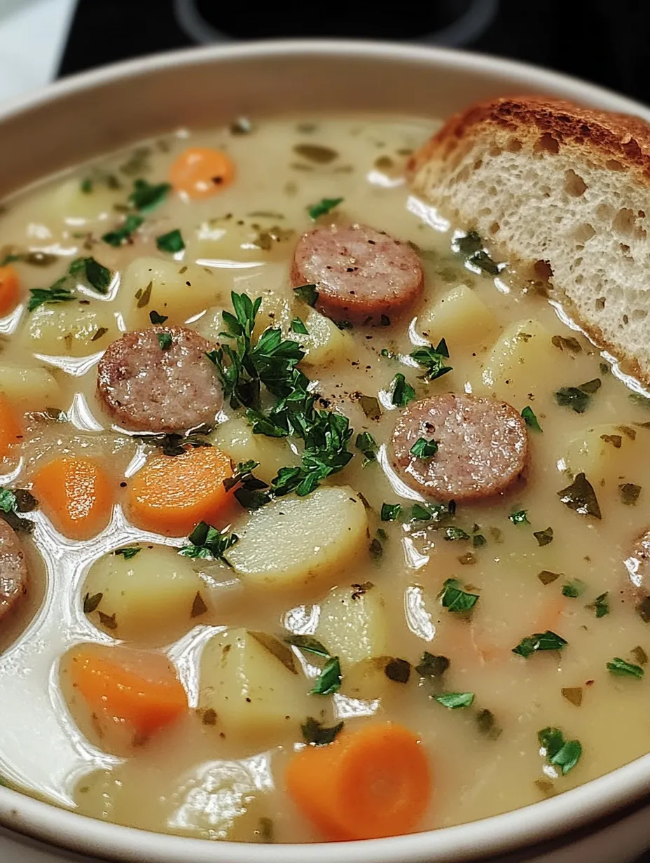 A bowlful showing tangy soup loaded with potatoes, carrots, onions, and sausage slices.