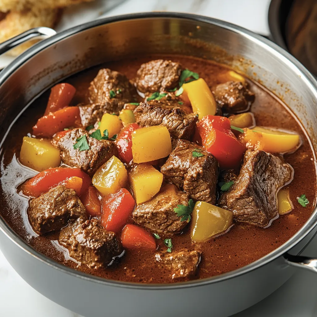 A pot filled with a colorful mix of meat, veggies, and potatoes.