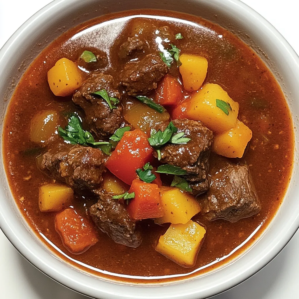 A white plate filled with juicy beef, veggies, and thick sauce.