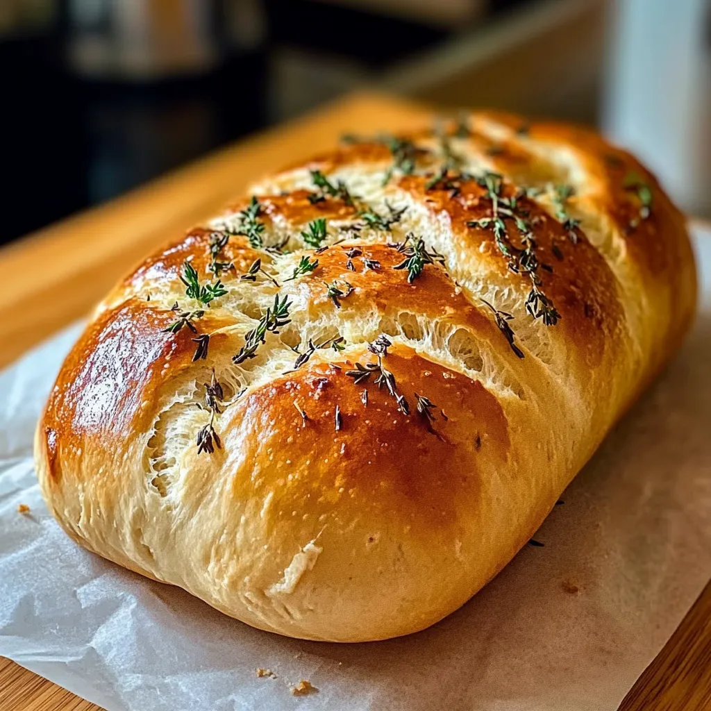 A white baguette sprinkled with herbs on top.