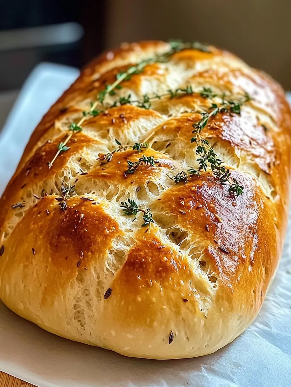 A white baguette topped with herbs.