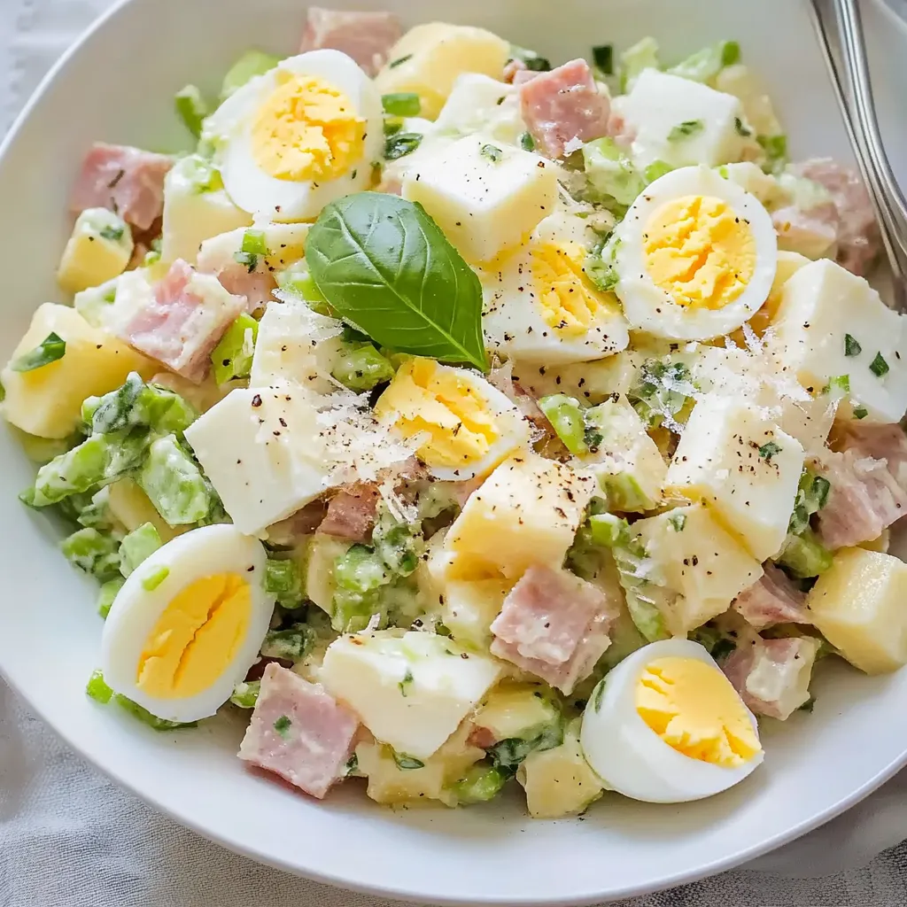A white plate with eggs, ham, onions, and potatoes.