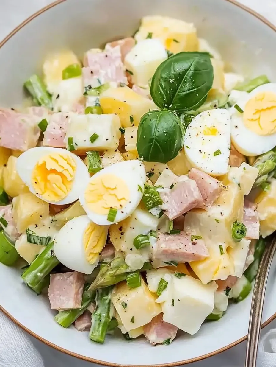 A white plate holding asparagus salad with eggs and ham.