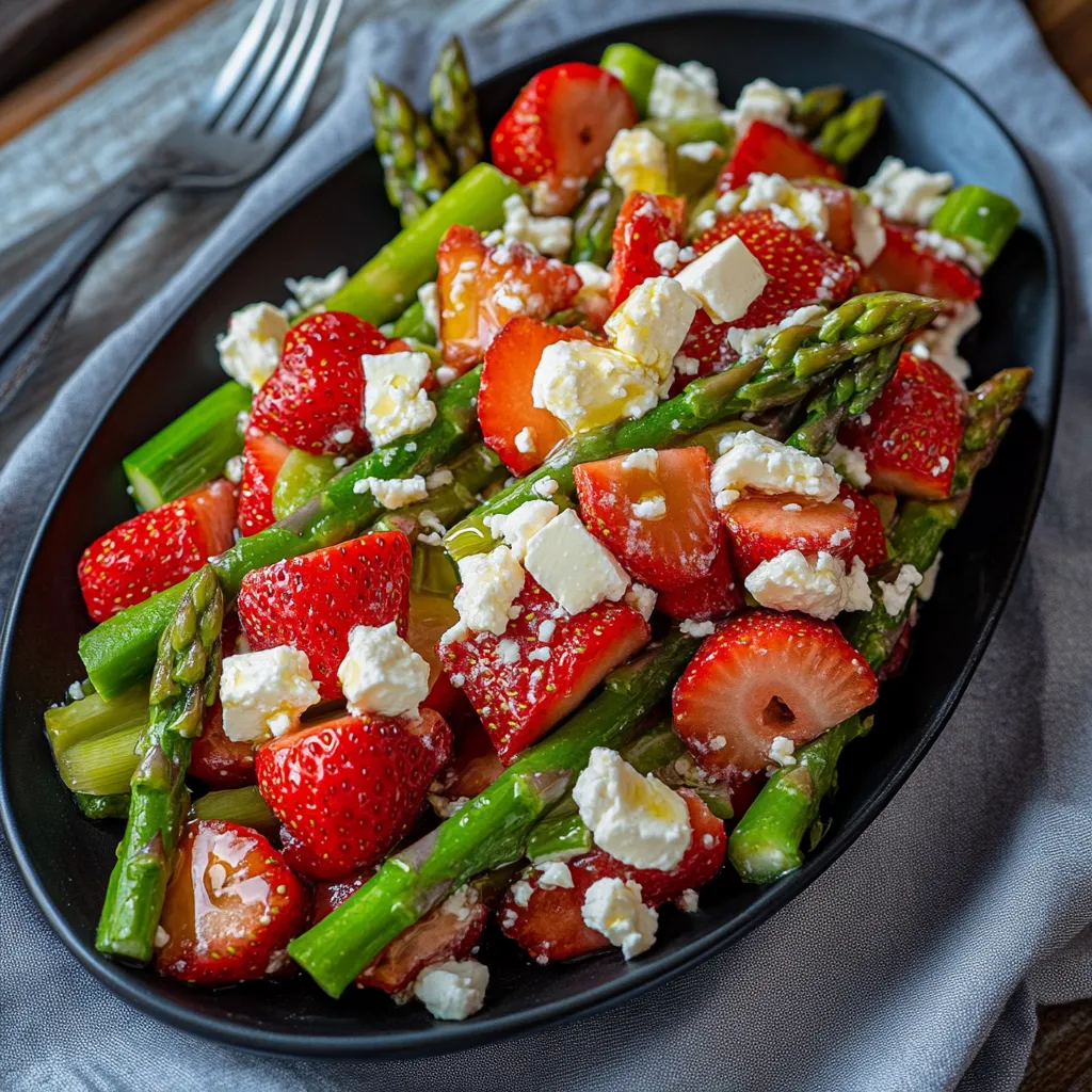 A dark dish filled with green asparagus and red strawberries.