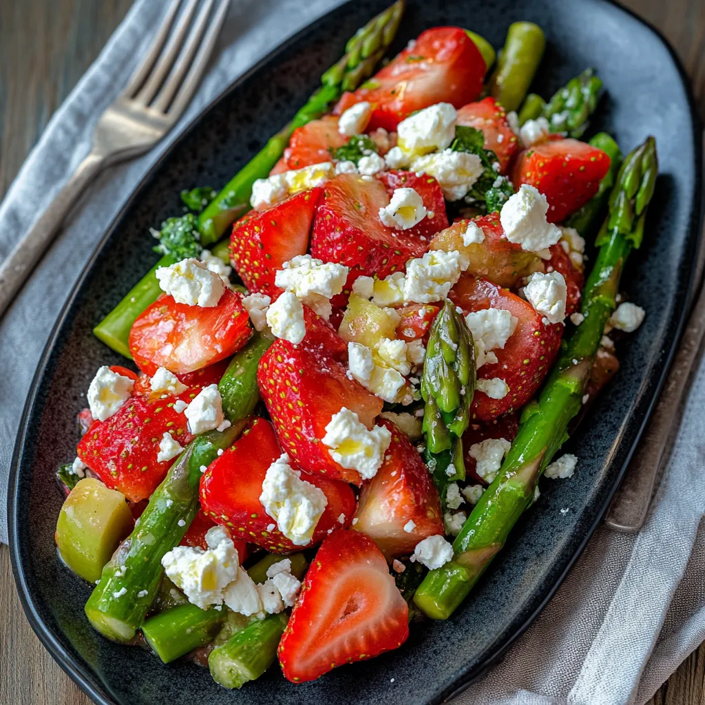 A lovely plate of strawberries, green asparagus, and feta cheese on a black dish.