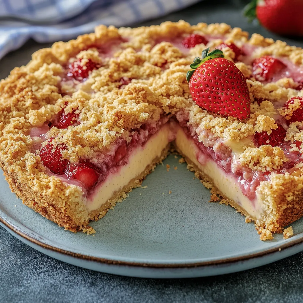A strawberry cake with a crumb topping and fresh berries on a plate.