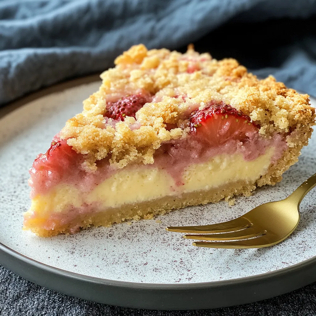A slice of strawberry crumb cake with vanilla pudding sits on a plate.