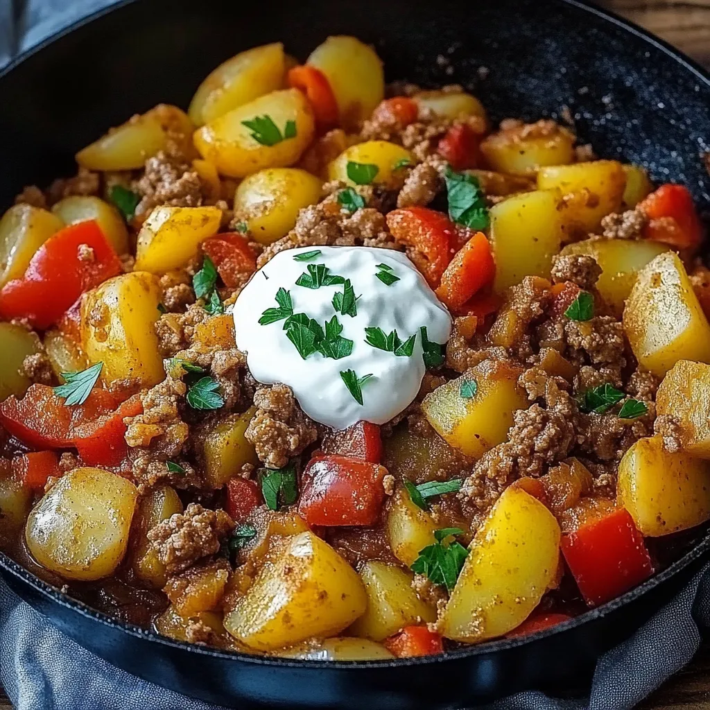 A potato-pepper skillet with beef and créme fraîche.