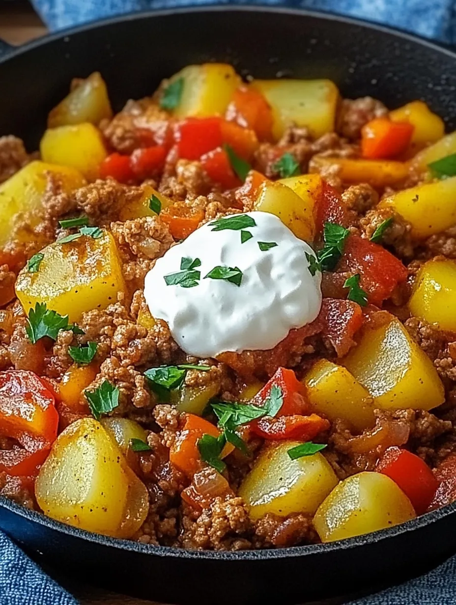 A bowl filled with a mix of meat, potatoes, peppers, onions, and tomatoes.