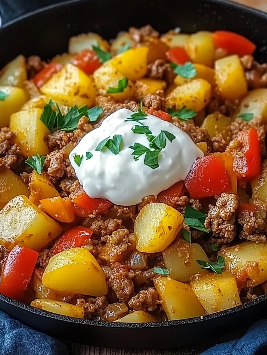 A skillet filled with potatoes, peppers, ground meat, and crème fraîche.