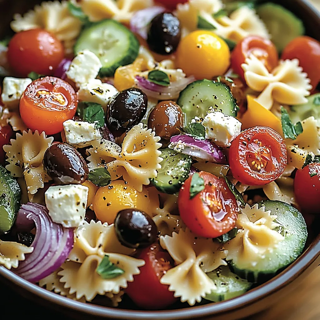 A glass jar packed with pasta, feta, and veggies.