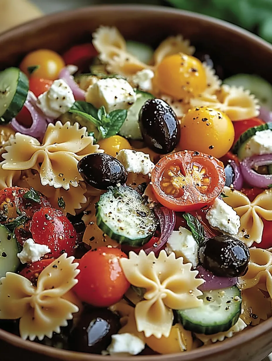 A pasta dish with feta and veggies featuring noodles, tomatoes, zucchini, basil, olives, and cheese.