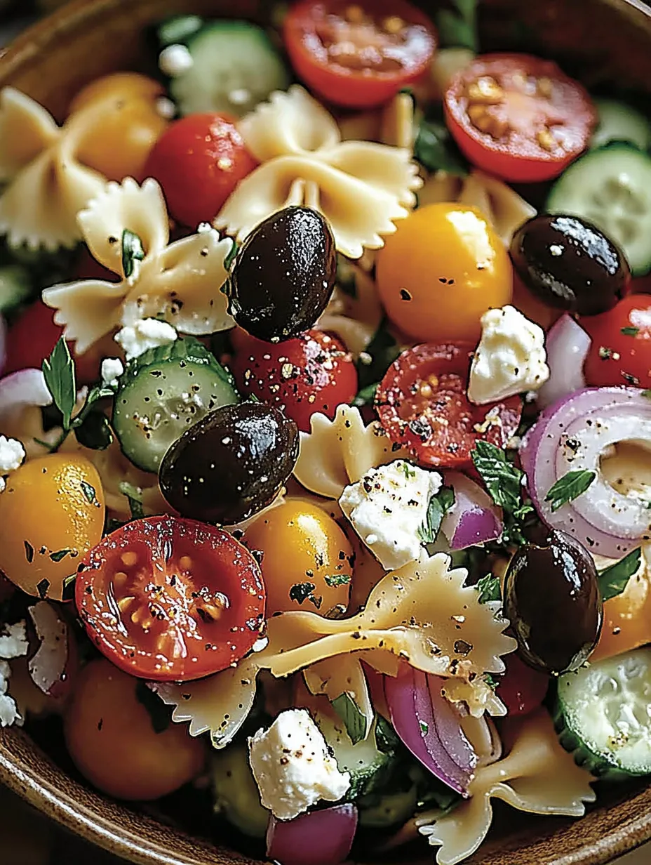 A pasta dish with feta and veggies that has pasta, tomatoes, zucchini, peppers, onion, basil, and olives.