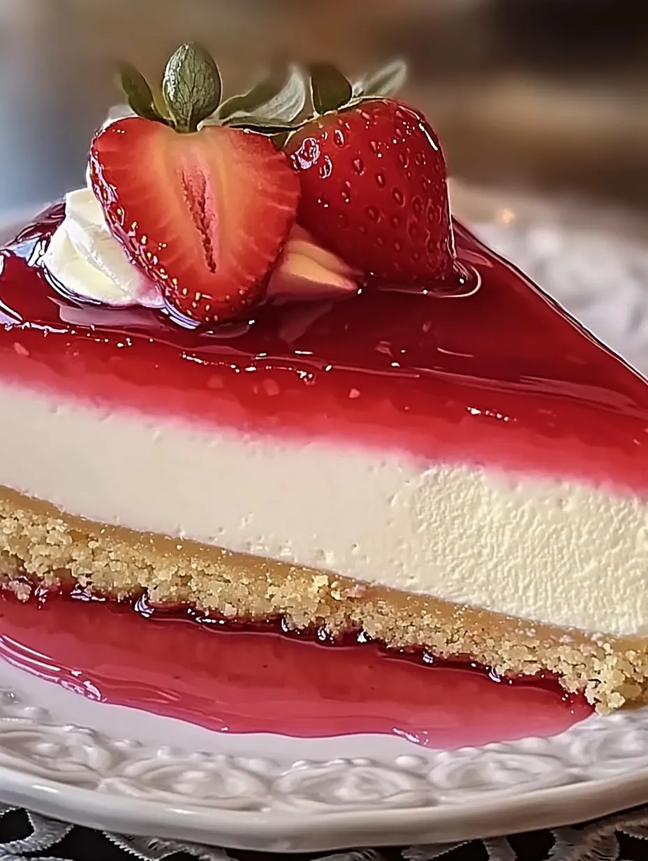 A no-bake cheesecake topped with strawberries and made with strawberries as ingredients.