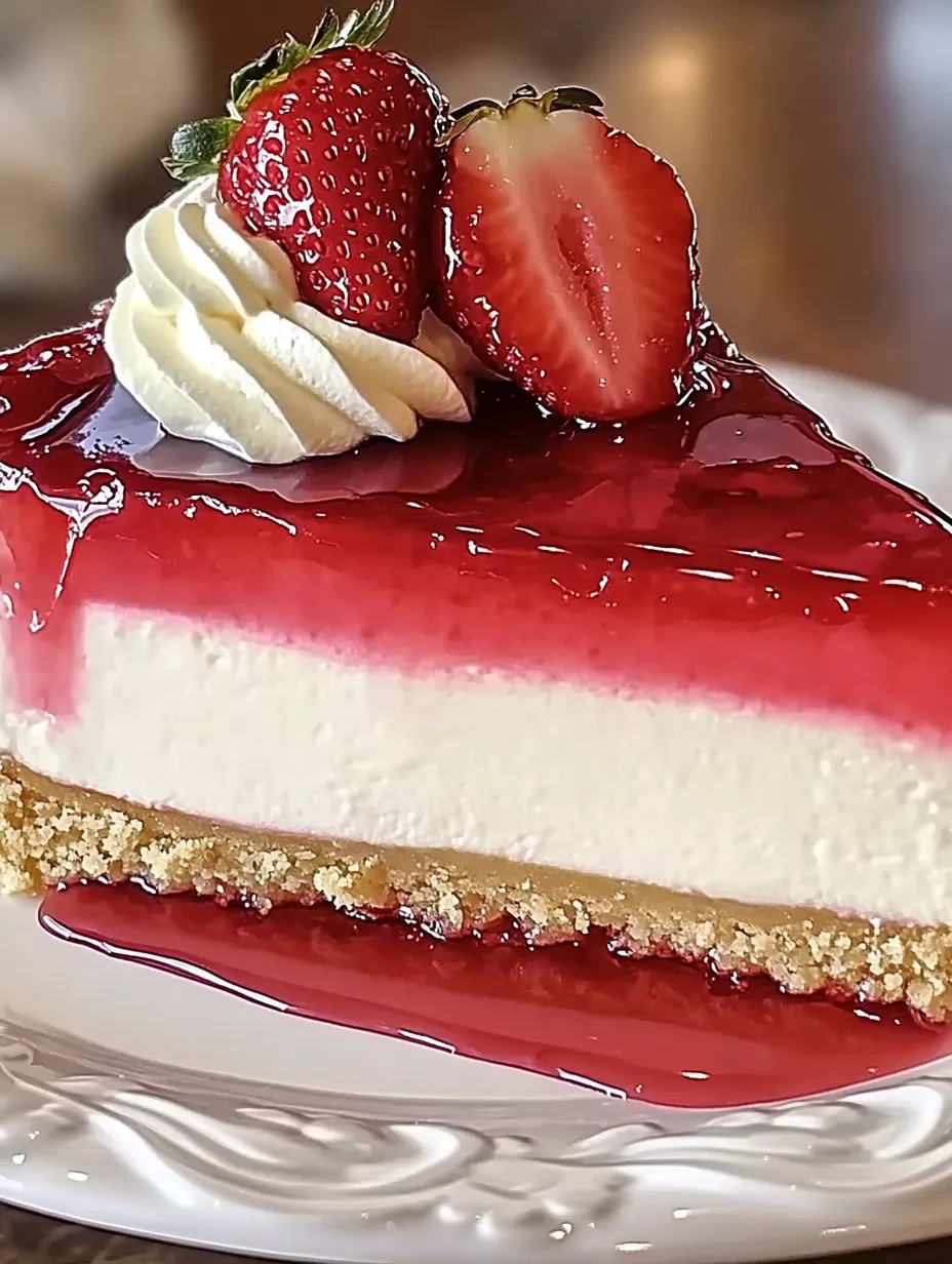 A slice of no-bake strawberry cheesecake on a plate.