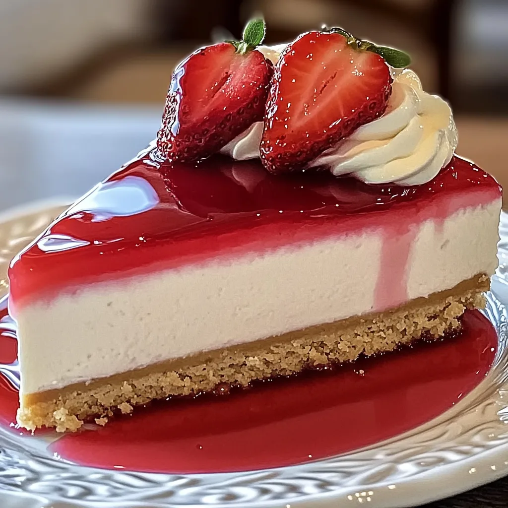A slice of no-bake strawberry cheesecake sitting on a white plate.
