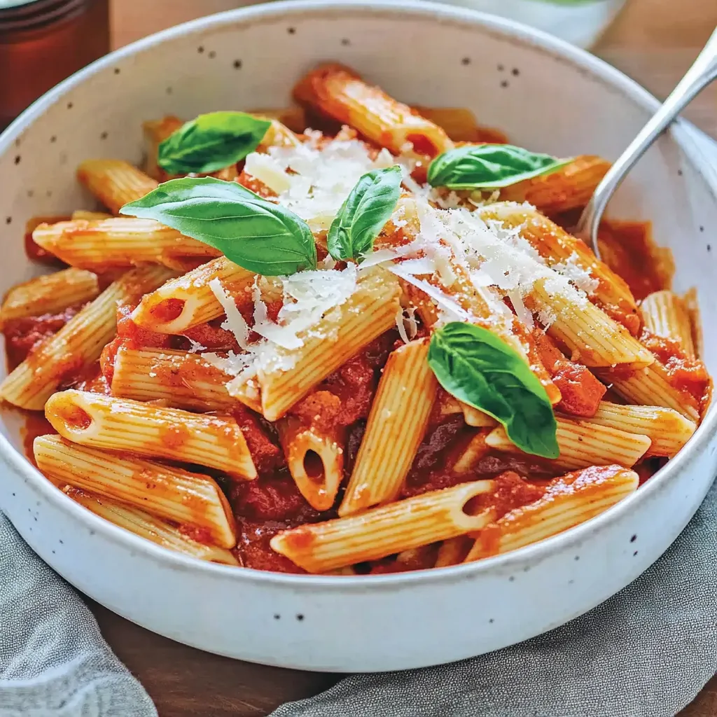 A white plate piled with spicy, vibrant penne pasta loaded with tomatoes, garlic and lots of herbs.
