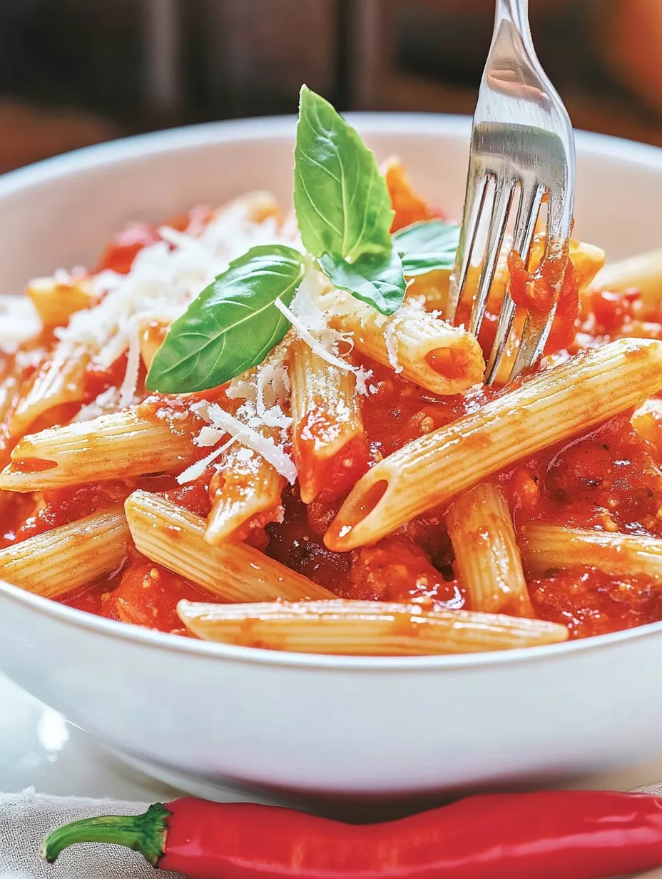 A white plate filled with penne arrabiata covered in a bold, zesty sauce.