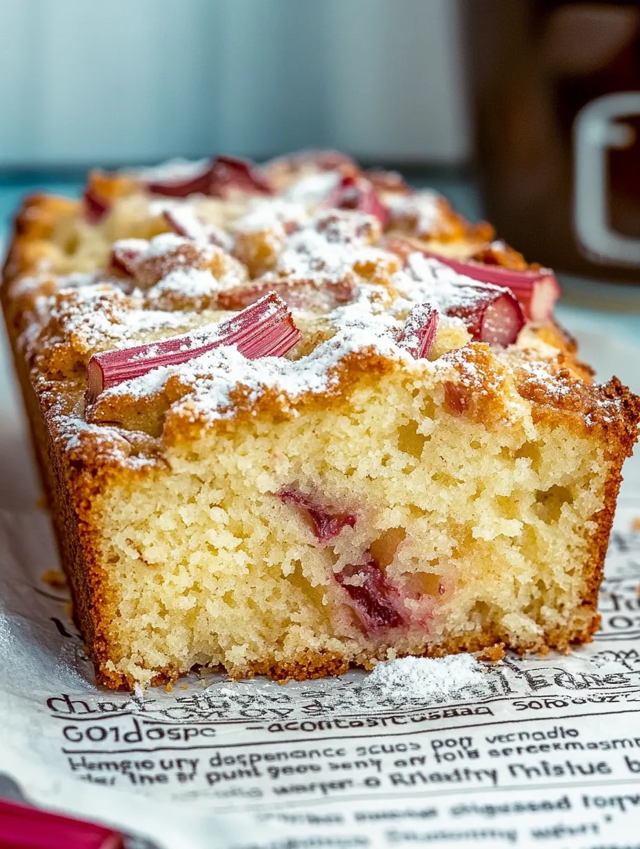 A cake with rhubarb and yogurt sitting on a cup.