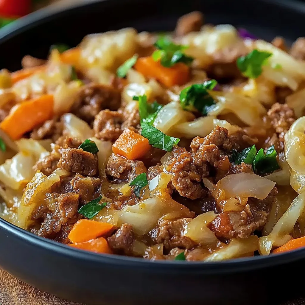 A pan loaded with beef, cabbage, and lots of veggies.