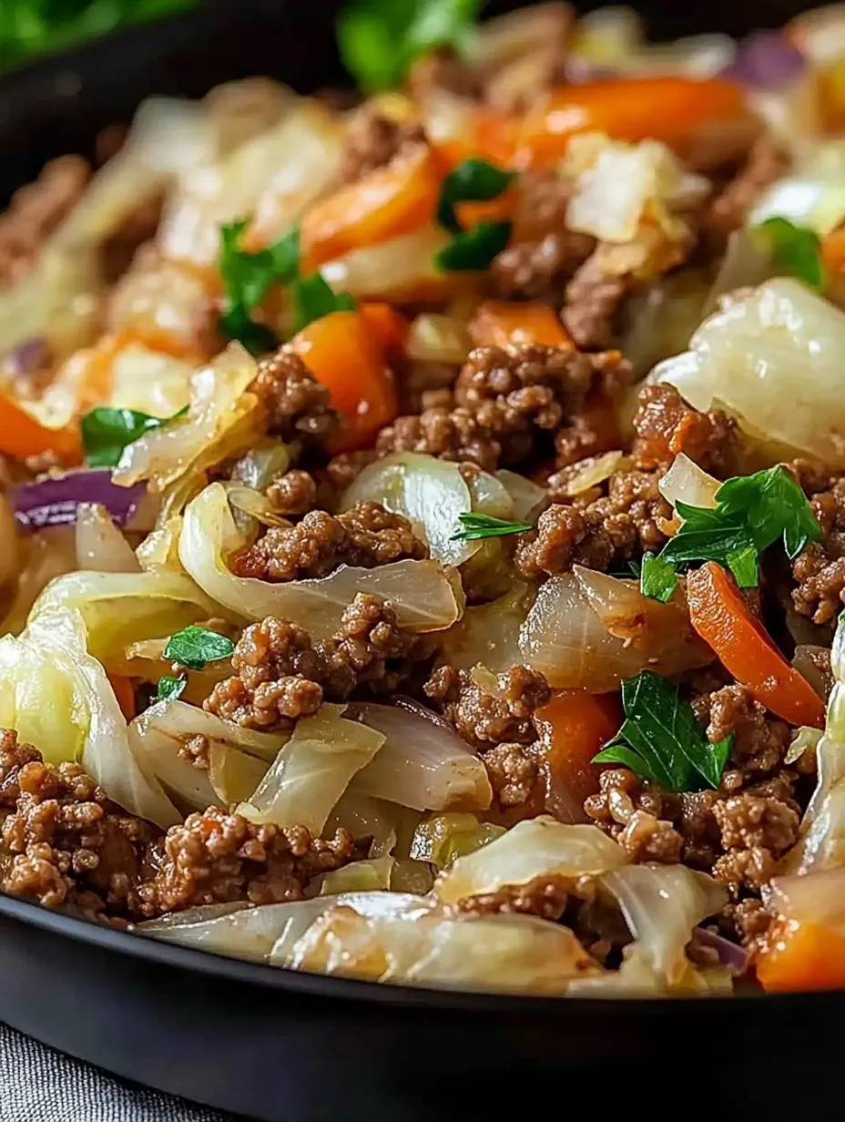 A skillet loaded with ground beef, cabbage, and onions.