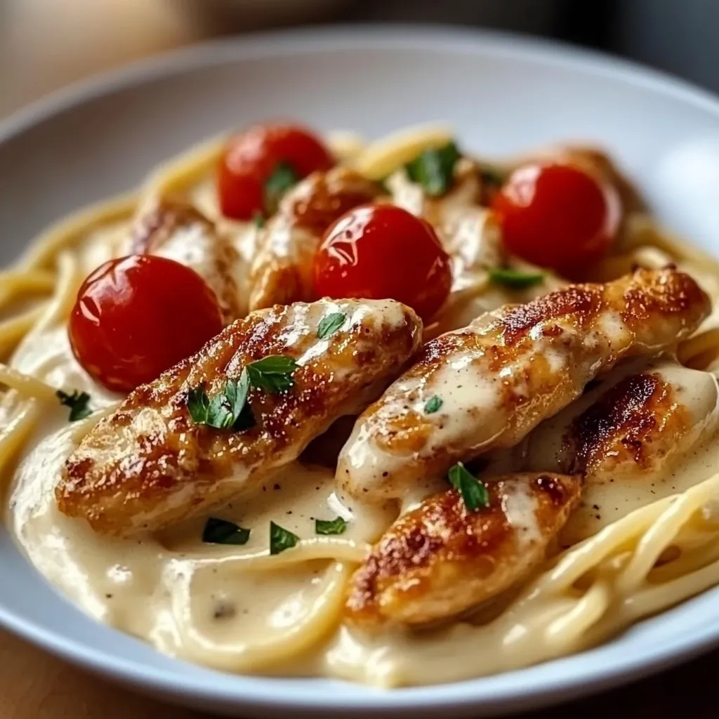 A bright plate featuring chicken pieces and a creamy sauce.