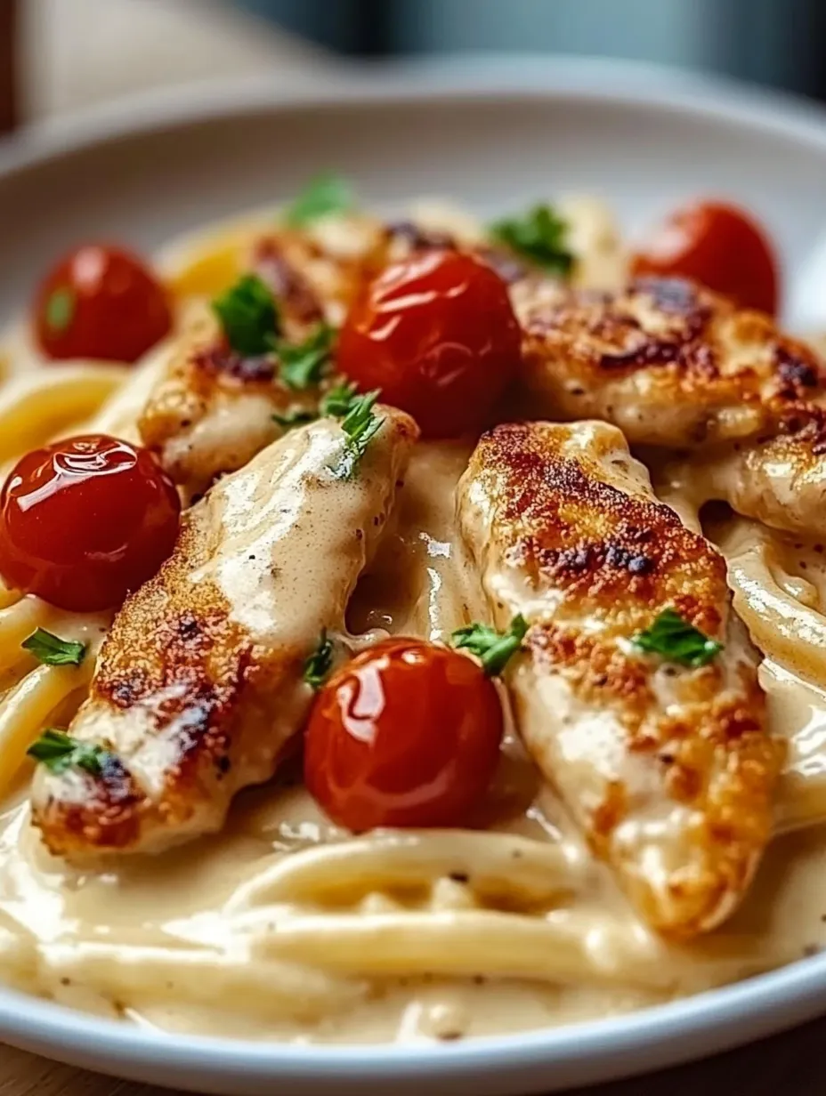 A platter with chicken strips in creamy sauce and pasta.