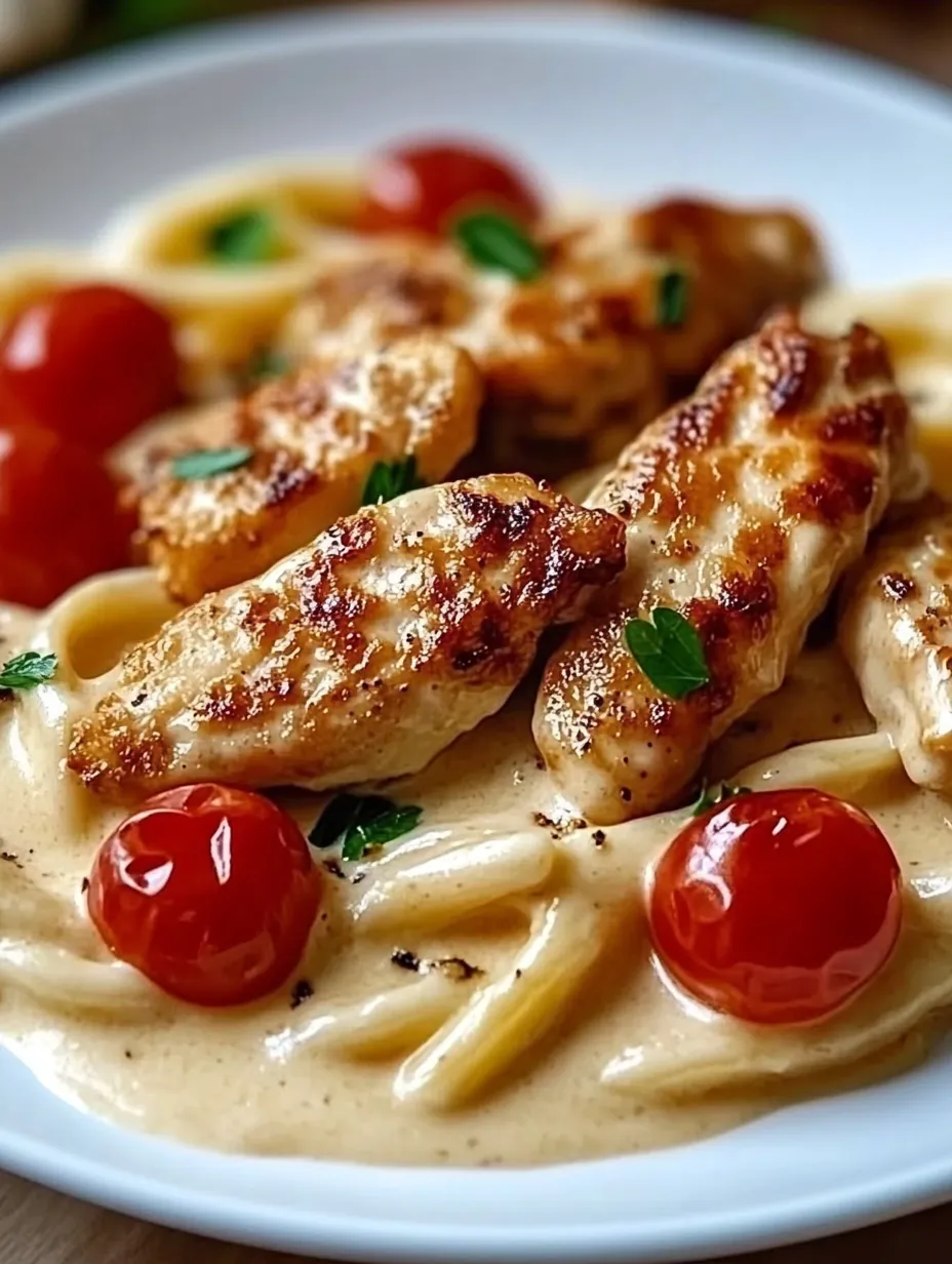 A platter with chicken strips in creamy sauce and pasta.